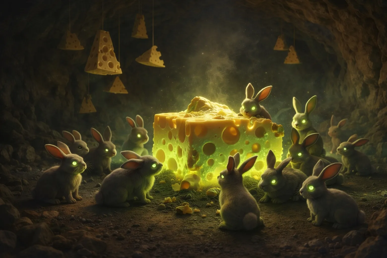 A glowing block of radioactive cheddar in a dark cave, surrounded by rabbits with bright green eyes
