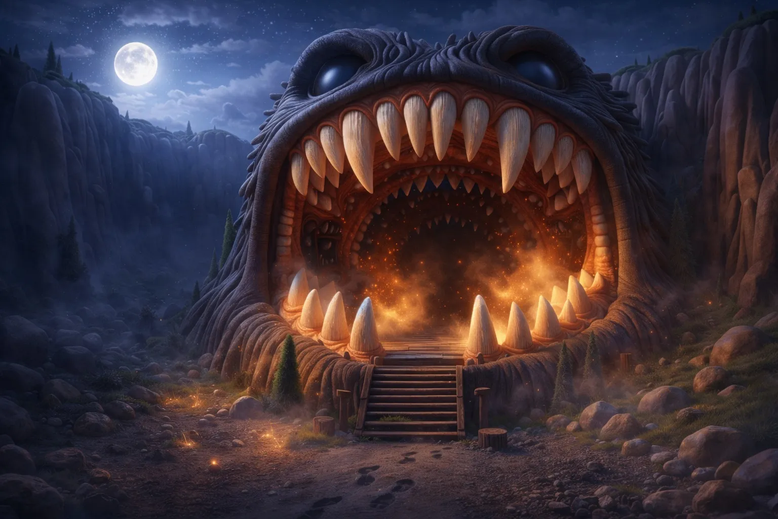 The moonlit gorge with the Toe Monsters’ cave in it: an entrance shaped like an enormous mouth, crowded with huge teeth and glowing orange deep inside. A few moments later the cave is gone — the same cliffs, the same moon, plain rock where the mouth was, and nothing left behind but a trail of footprints in the dirt. Then, just as quietly, it comes back.