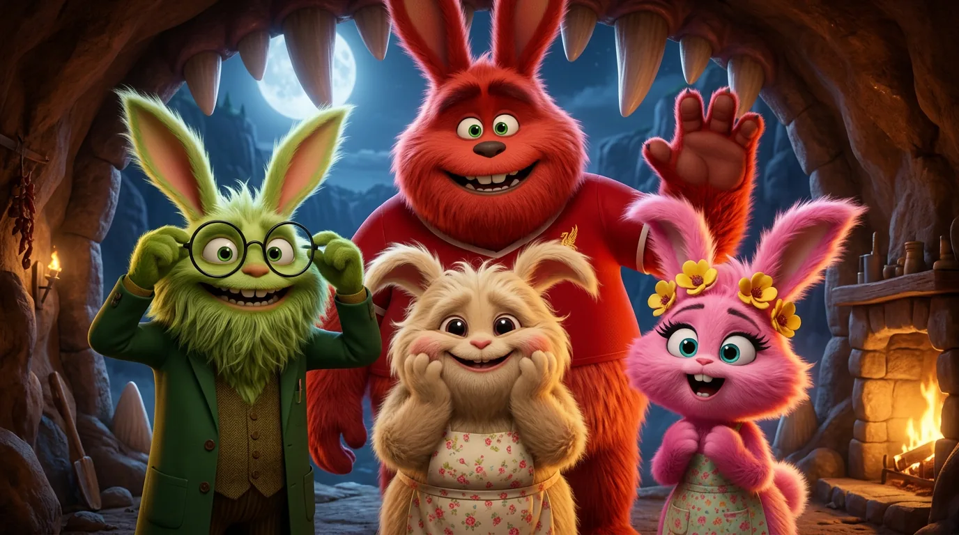 Four Toe Monsters posed shoulder to shoulder just inside the cave mouth at night: Prof Spin, shaggy and green in round spectacles and a tweed suit; Big Rich, an enormous red one waving from the back; Granny Enid in a floral pinny with both paws pressed to her cheeks; and Miss Lynz, bright pink with yellow flowers behind her ears. Huge pointed teeth hang down from the roof above them, and the moonlit gorge glows blue beyond the entrance.